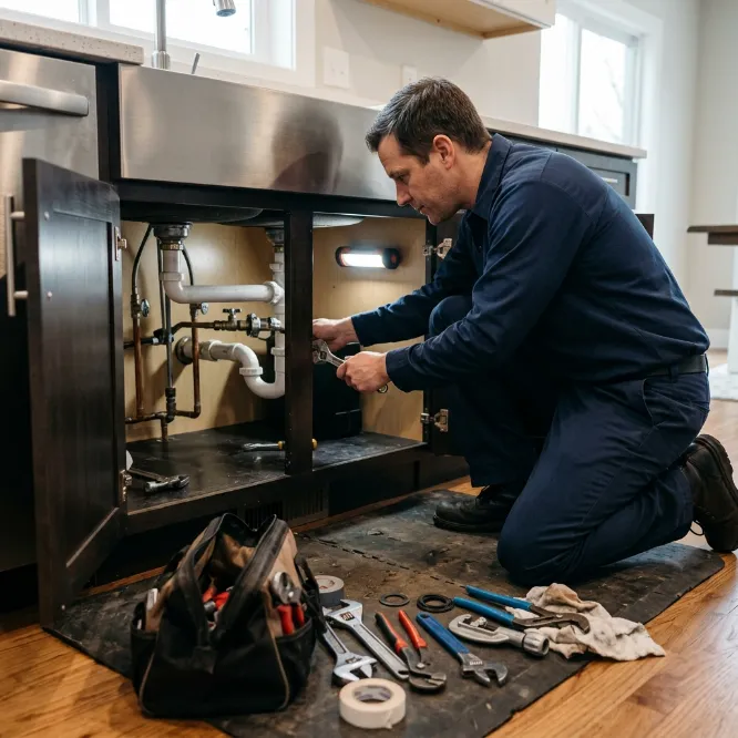 Professional plumber checking and repairing kitchen sink drainage pipes inside a cabinet using plumbing tools.