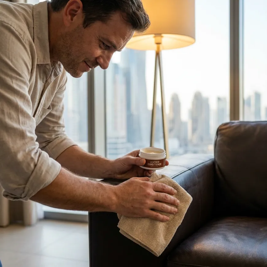 Professional cleaner applying leather conditioner to a sofa in Dubai
