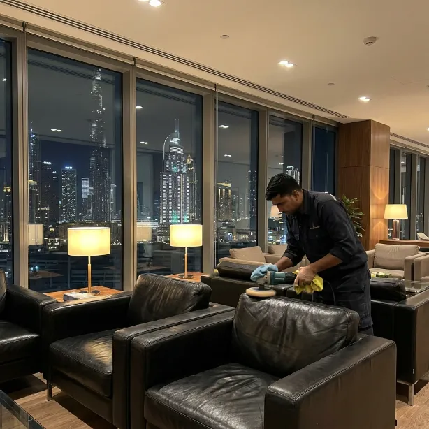 Professional technician cleaning and conditioning a black leather sofa in Dubai