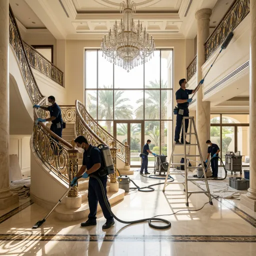 Professional cleaning team deep cleaning a luxury mansion with marble floors, an ornate staircase, and a crystal chandelier.