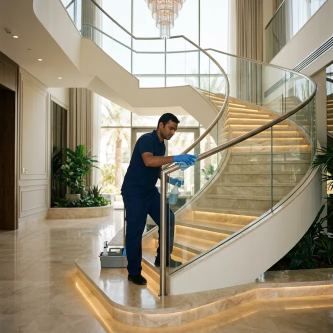 Professional cleaner wiping glass railings beside a marble staircase in a luxury villa.