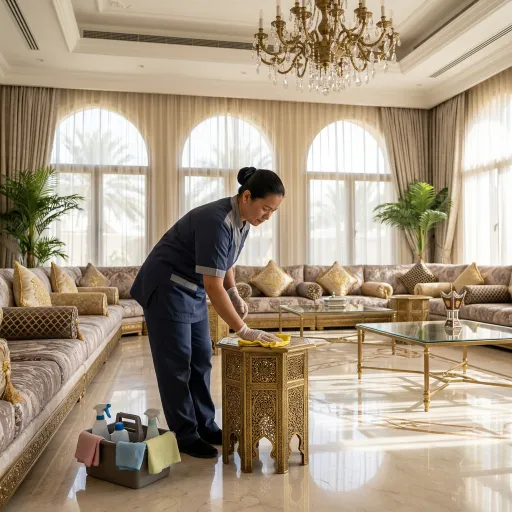 Professional housekeeper wiping a decorative side table in an elegant villa living room with marble floors and luxury furniture.