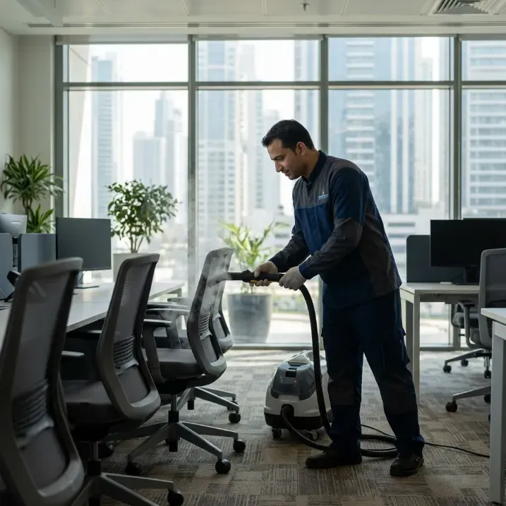 Professional cleaner steam cleaning upholstered office chairs in a modern Dubai office