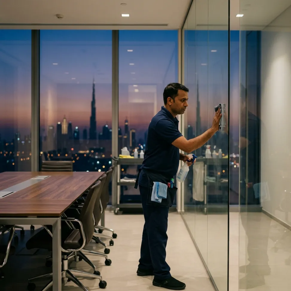 Professional cleaner wiping a glass partition in a modern Dubai office meeting room