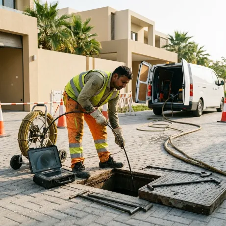 Drainage technician inspecting an open underground drainage chamber outside a modern villa using specialist inspection equipment.