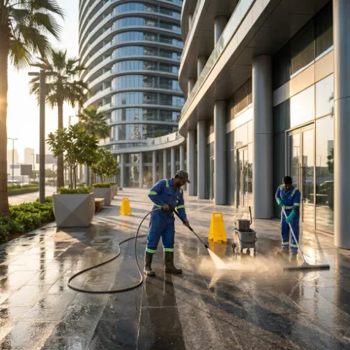 Professional cleaning staff pressure washing outdoor paving beside a modern commercial building in Dubai