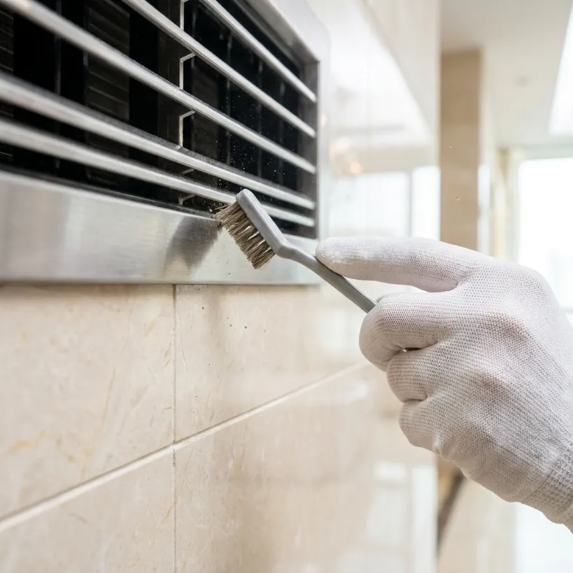 Cleaner brushing dust from an air conditioning vent grille