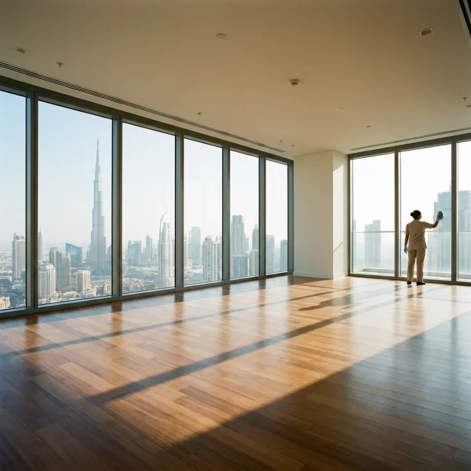 Professional cleaner wiping a modern apartment kitchen in Dubai