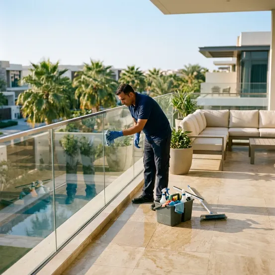 Professional cleaner wiping glass balcony railings on a modern luxury villa terrace in Dubai.