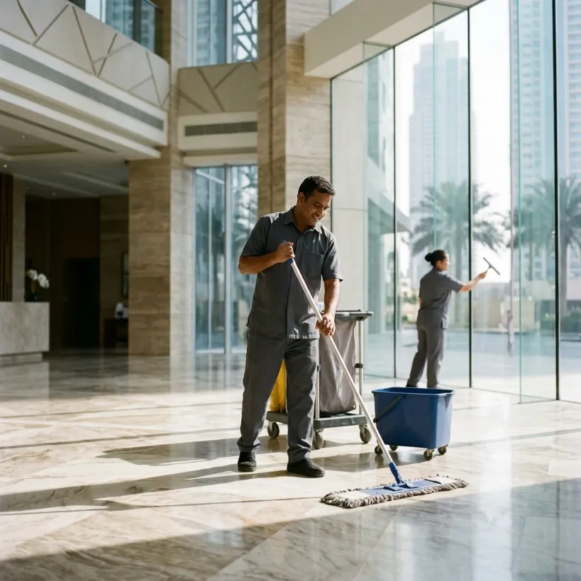 Commercial cleaning staff maintaining polished floors in a modern Dubai building lobby