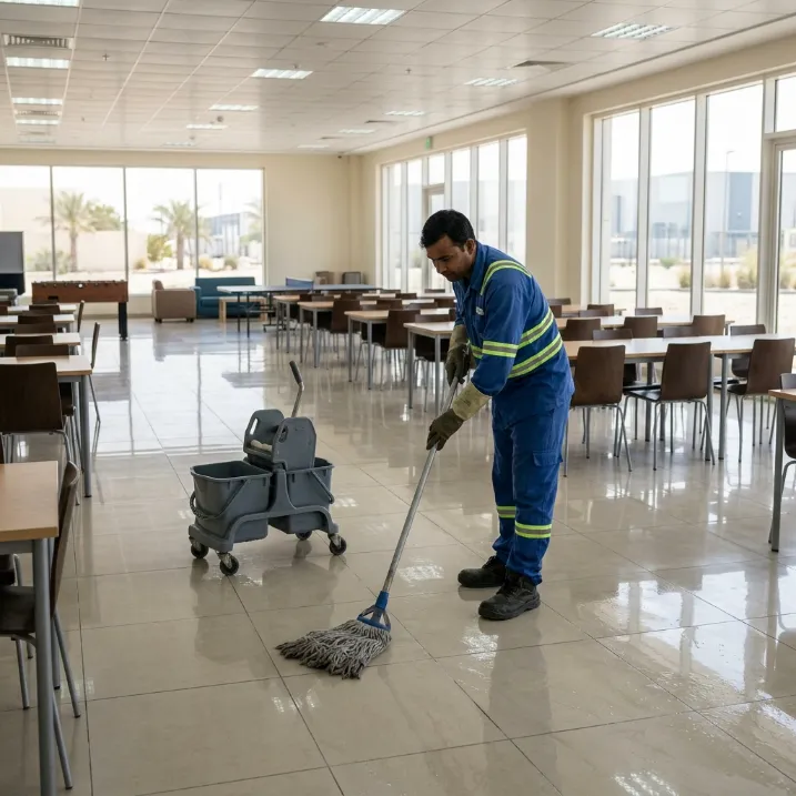 Professional cleaner mopping tiled floors inside a bright commercial facility in Dubai