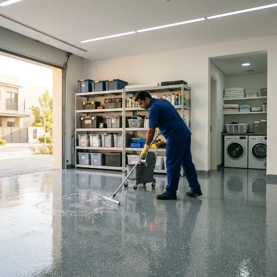 Professional cleaner washing a glossy epoxy floor in a modern villa utility area using a floor squeegee.