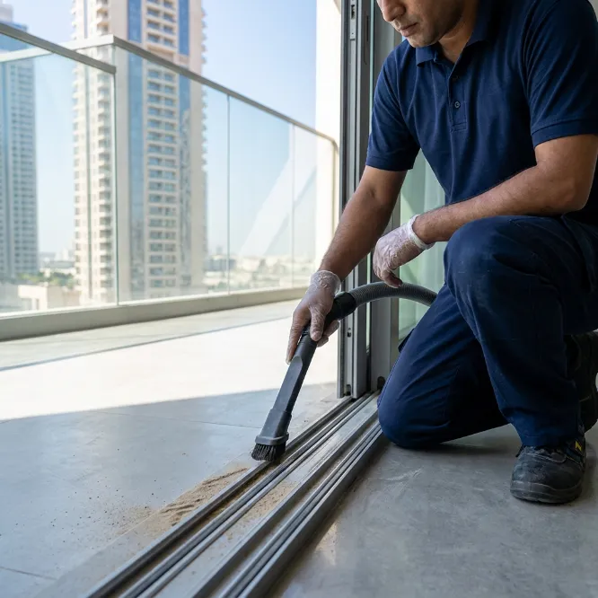 Professional cleaner using a floor scrubbing machine on an outdoor terrace in Dubai