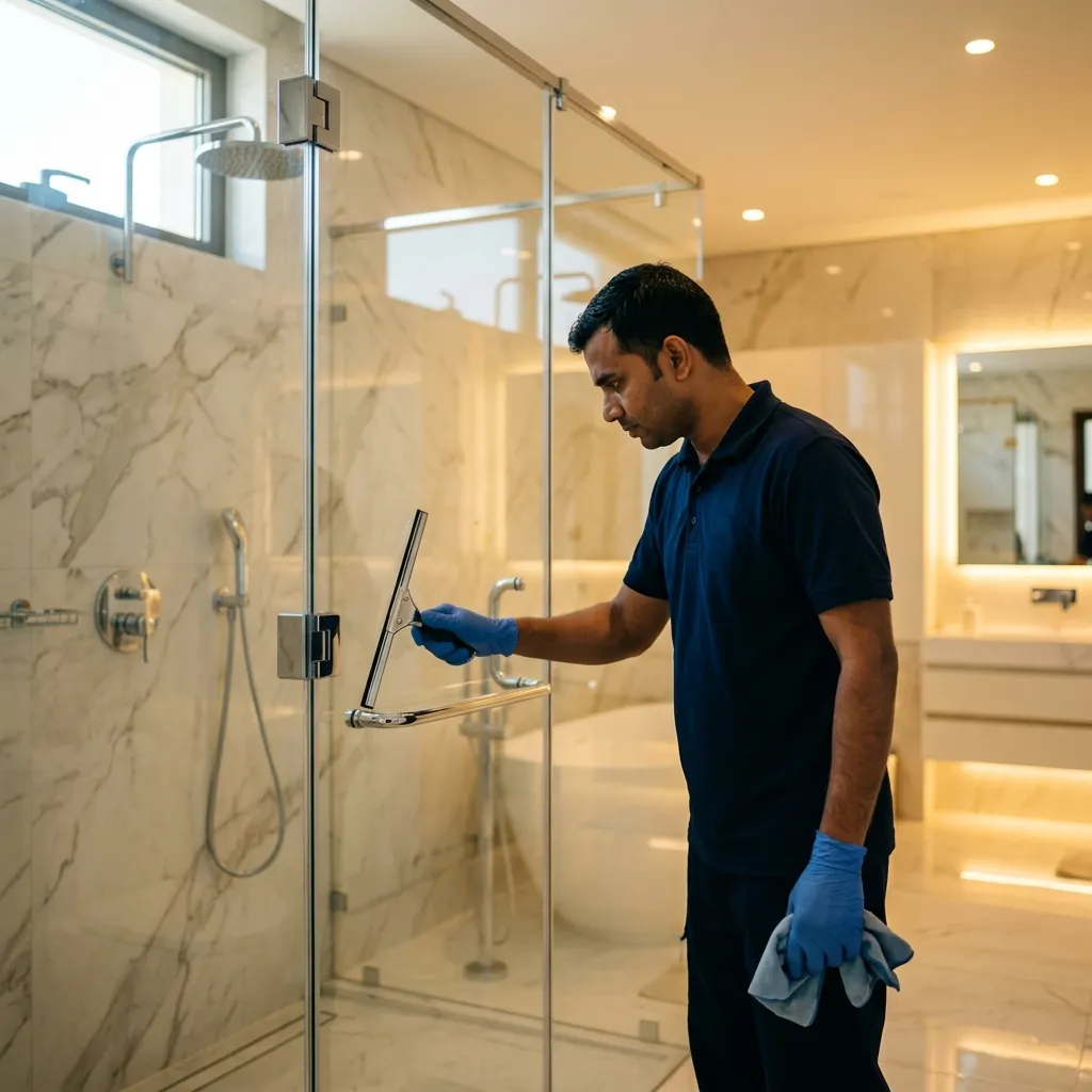 Professional cleaner using a squeegee to clean a frameless glass shower enclosure in a luxury bathroom.