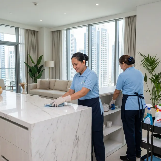 Professional cleaners wiping and organizing a modern Dubai apartment kitchen