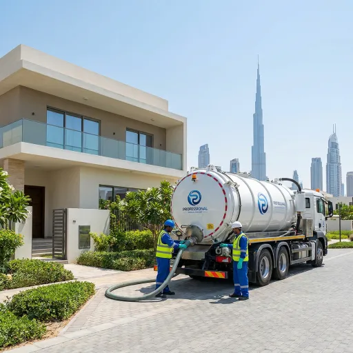 Technicians using a vacuum tanker to clean a septic tank at a Dubai villa