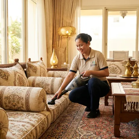 Cleaner vacuuming a traditional fabric sofa in a Dubai home