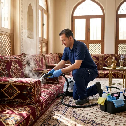 Cleaner steam cleaning a traditional patterned fabric sofa in a furnished living room