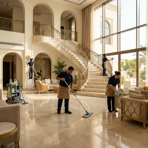 Professional cleaning team cleaning the marble floors, staircase, windows, and furniture inside a spacious luxury villa.