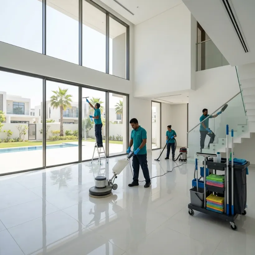 Professional cleaners polishing glossy floors and cleaning large glass windows inside a modern luxury villa.