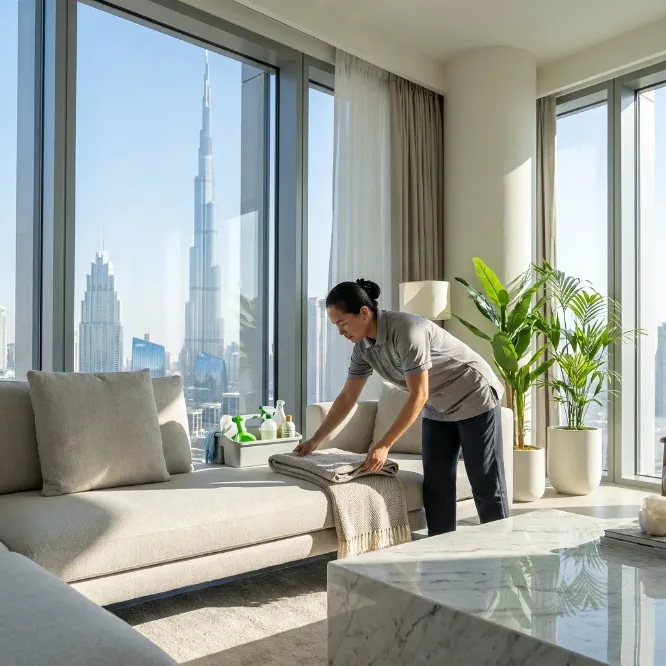 Professional cleaner tidying a modern living room in a Dubai apartment
