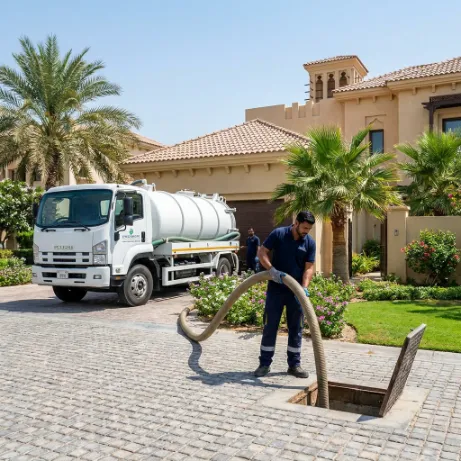 Technician using a vacuum tanker hose to clean a septic tank at a Dubai villa