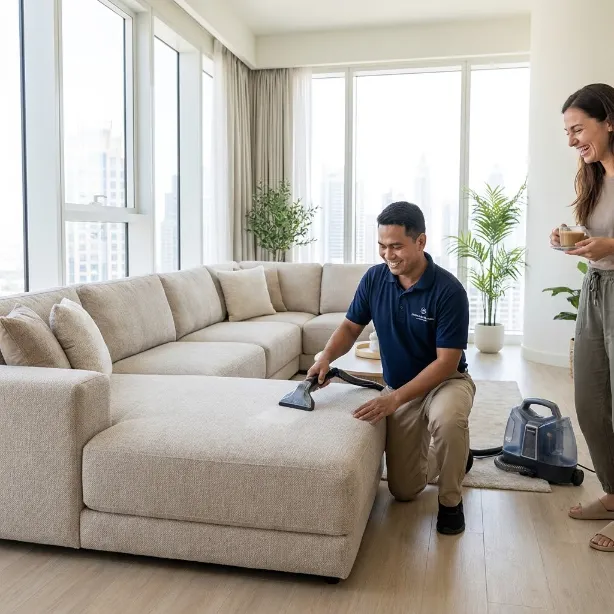 Professional cleaner inspecting and cleaning a large sectional sofa in Dubai