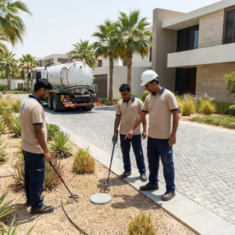 Technicians locating an underground septic tank access point at a Dubai villa