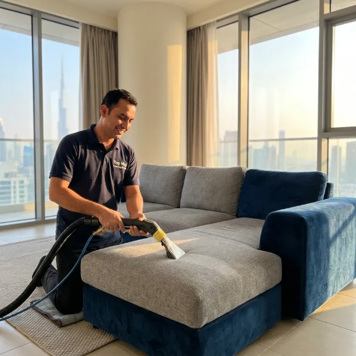 Professional cleaner deep cleaning a fabric sectional sofa in a Dubai home