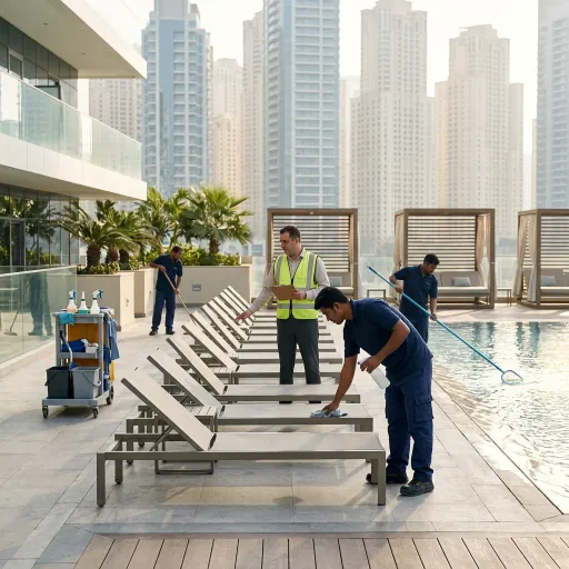 Professional cleaner sweeping a paved walkway outside a landscaped villa in Dubai