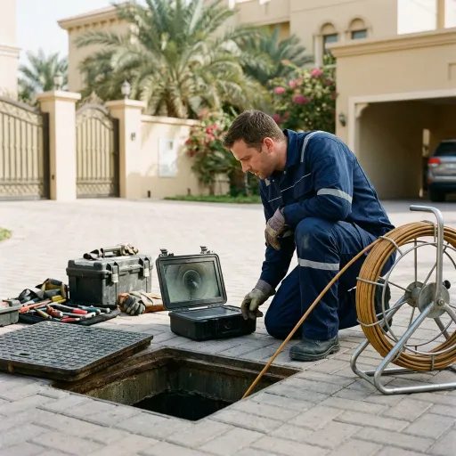 Drainage technician inspecting an underground drainage chamber outside a villa using a drain inspection monitor and cable equipment.
