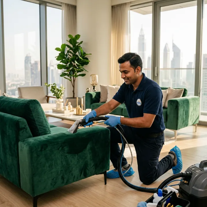 Professional cleaner carefully cleaning an emerald green velvet sofa with specialist upholstery equipment