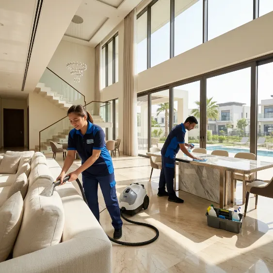 Professional cleaners deep cleaning a fabric sofa and wiping furniture inside a luxury villa