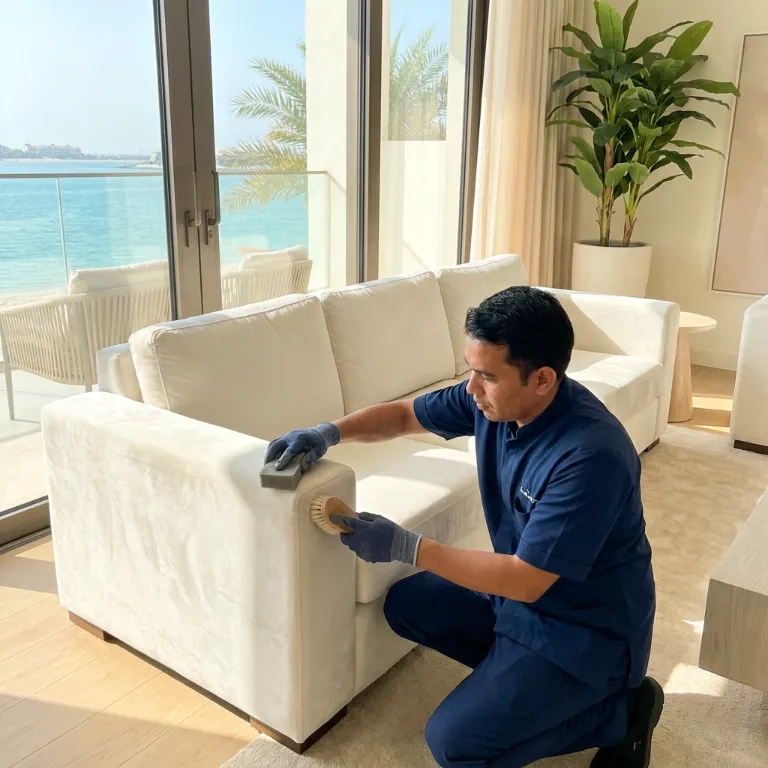 Professional cleaner brushing and treating a white fabric sofa in a Dubai home