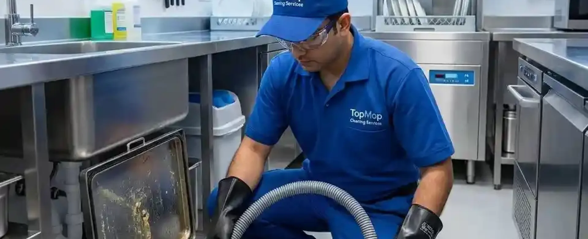 Professional technician from TopMop Cleaning Services cleaning a small under-sink stainless steel grease trap in a commercial café kitchen in Dubai.