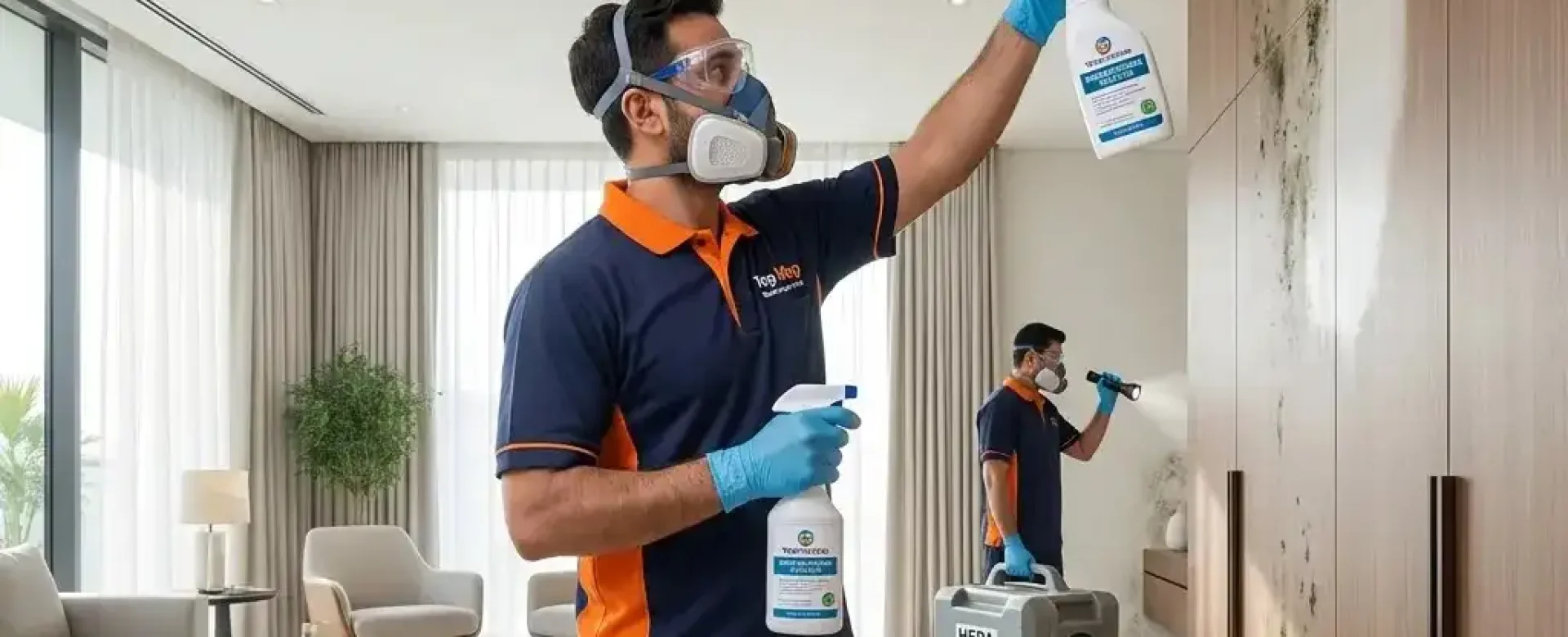 Professional mold removal technicians from Top Mop Cleaning Services treating visible black mold growth on a villa ceiling and wardrobe wall in Dubai.