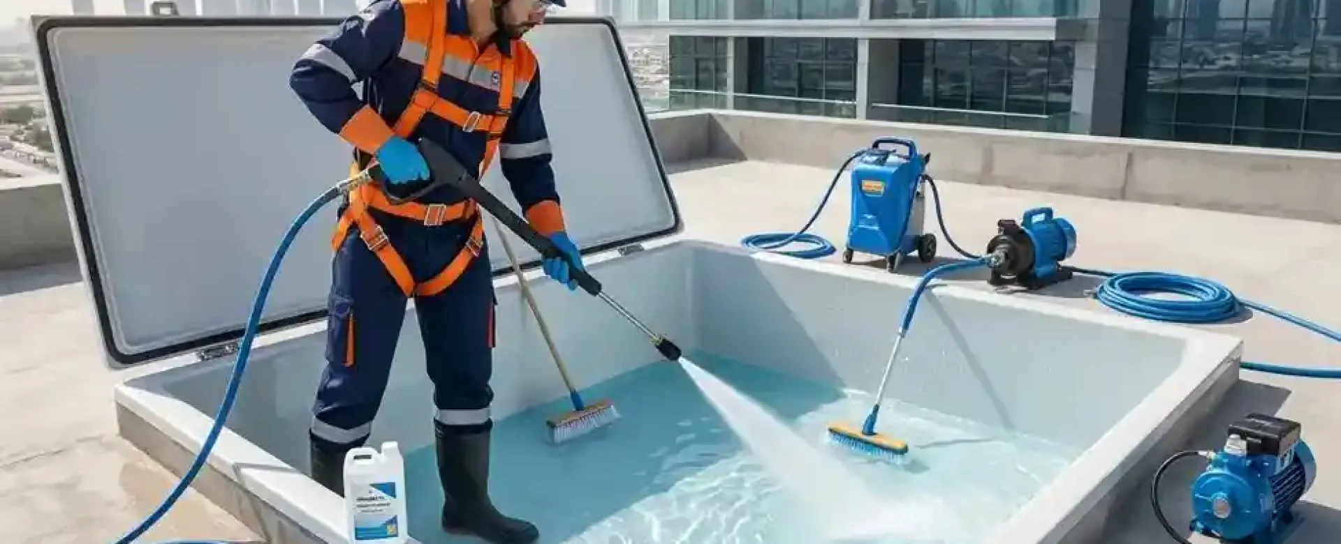 Certified technician from Top Mop Cleaning Services professionally cleaning a residential water tank in Dubai